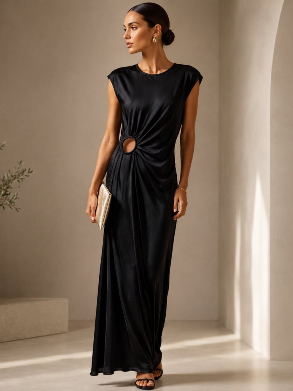 House of Harlow 1960 Black Satin Ruched O-Ring Maxi Dress Sleeveless Glam Gown S